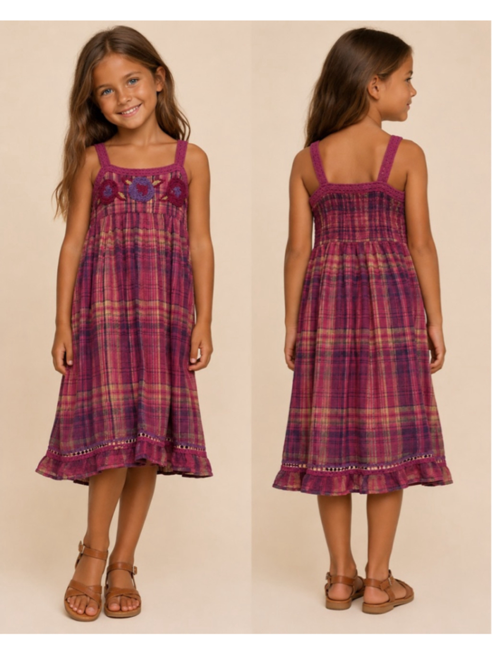 April Cornell Magenta Plaid Sundress Floral Rosette Boho Cottagecore Prairie 5/6
